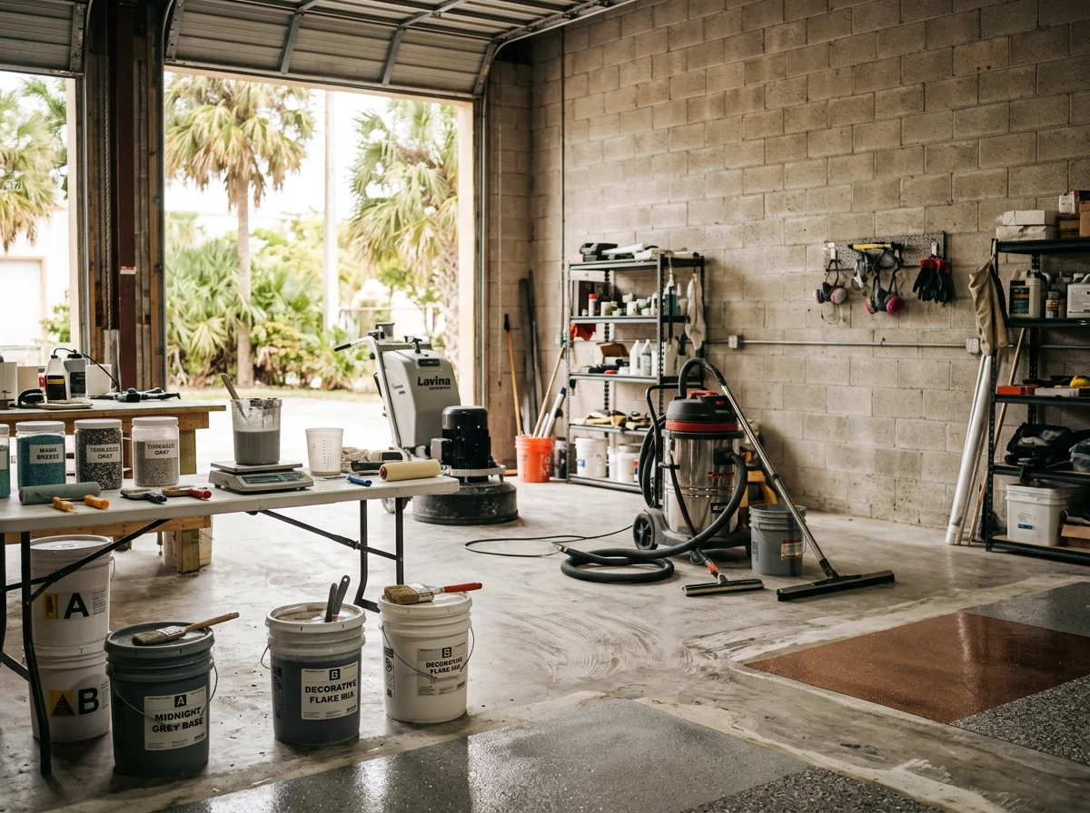 Professional epoxy flooring installation workspace with tools and materials ready for floor preparation and application.