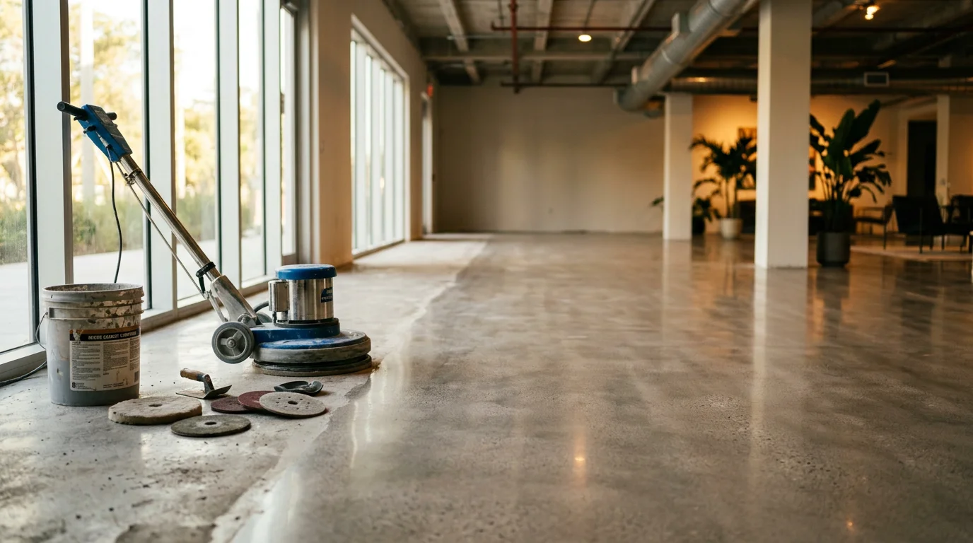 Polished concrete floor with a smooth, reflective finish in a Miami home
