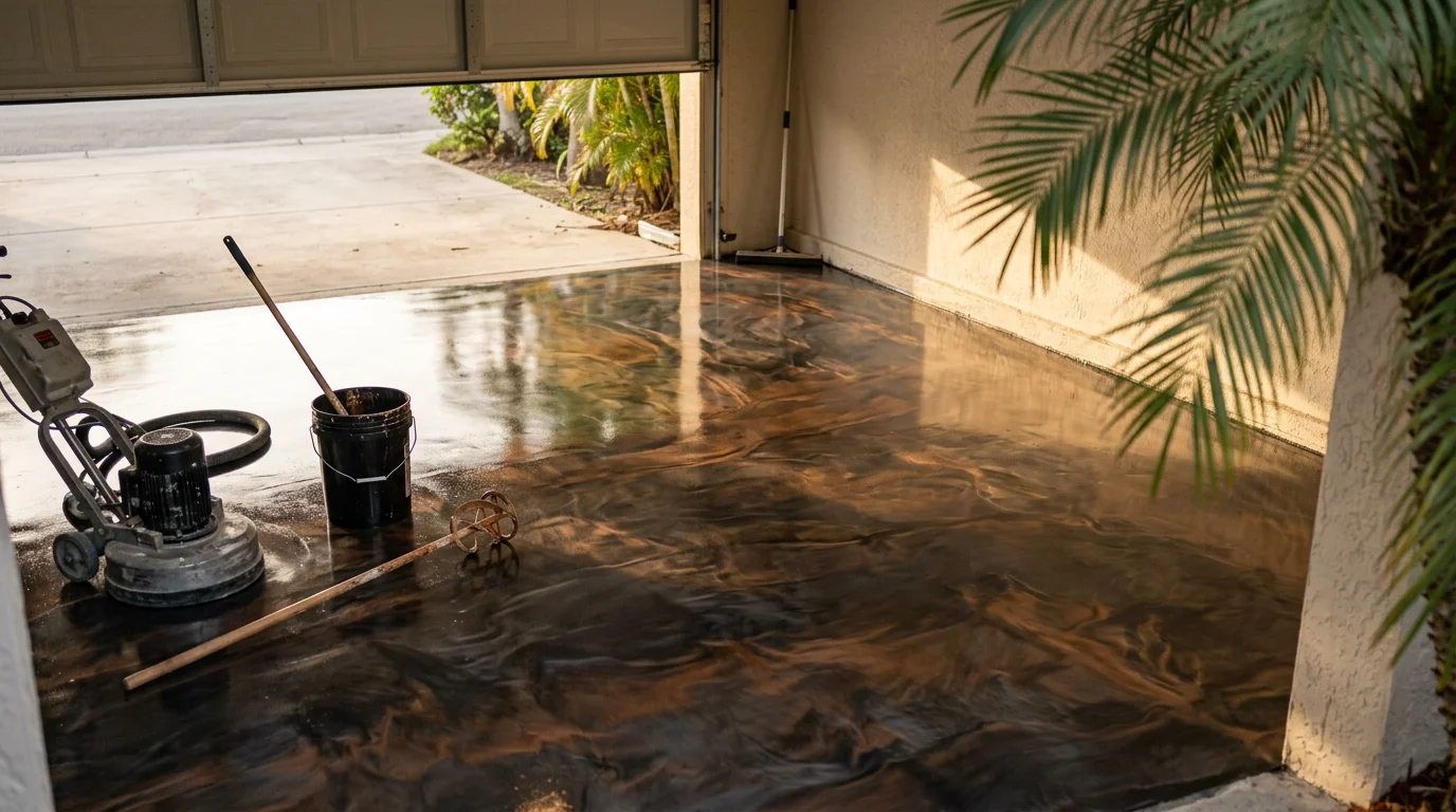Metallic epoxy flooring installation in a residential garage in Miami