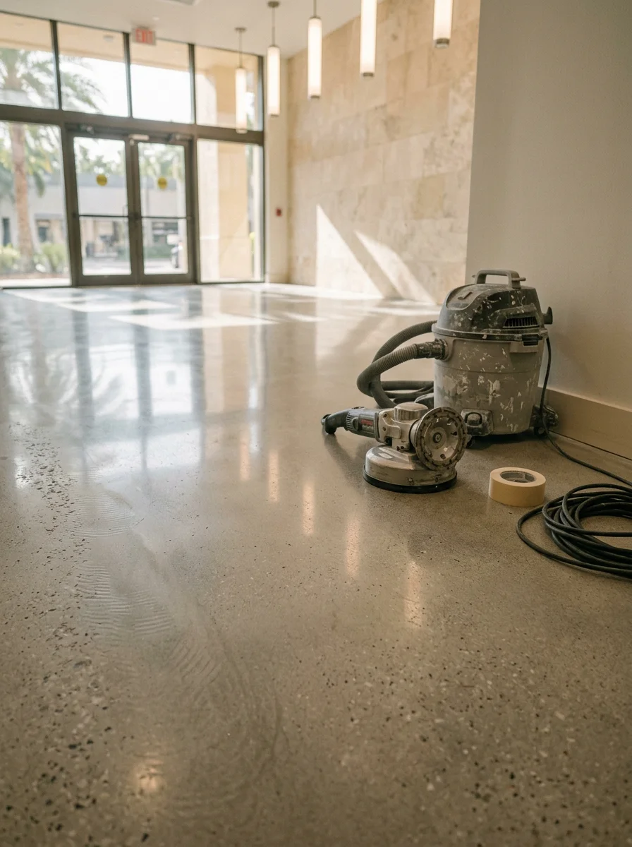 Polished concrete lobby floor finished by Resin Coat Pro in Aventura