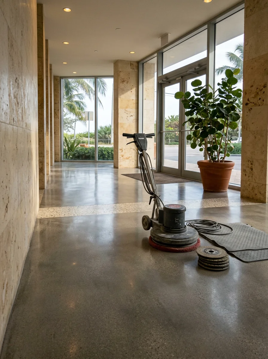 Polished concrete lobby floor in a Bal Harbour condominium building