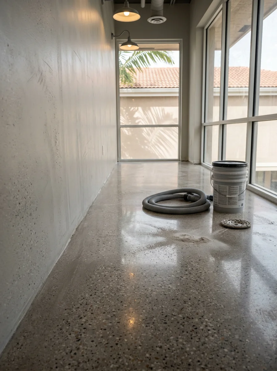 Polished concrete floor being ground in a Boca Raton, FL building