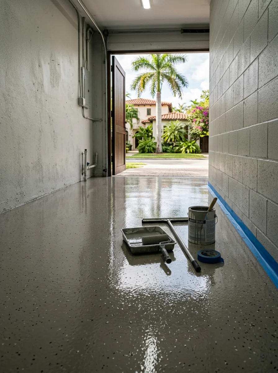 Epoxy-coated garage floor at a residence in Coconut Grove, Miami