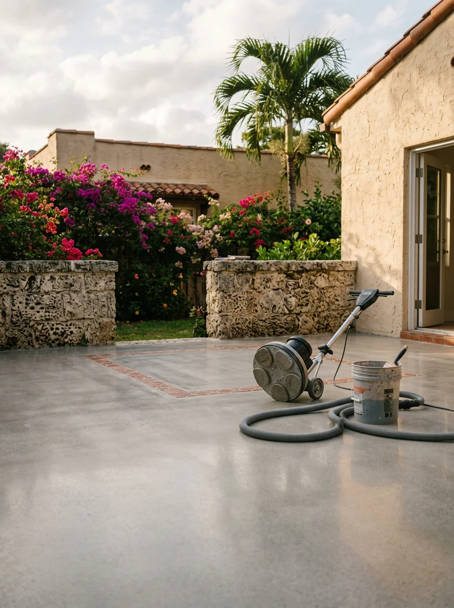 Polished concrete patio floor installed at a Coral Gables residence
