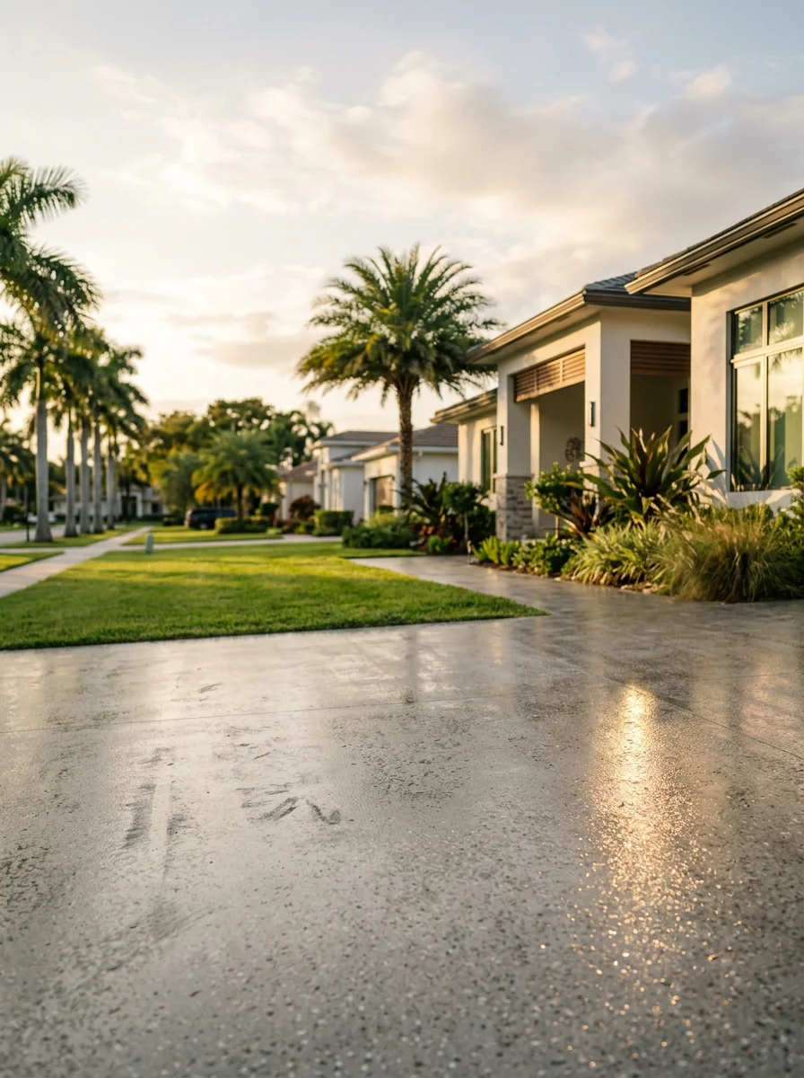 Metallic epoxy floor in a Davie residential interior with a silver and charcoal swirl finish, showing a seamless surface in an open-plan living area with natural light from large windows.