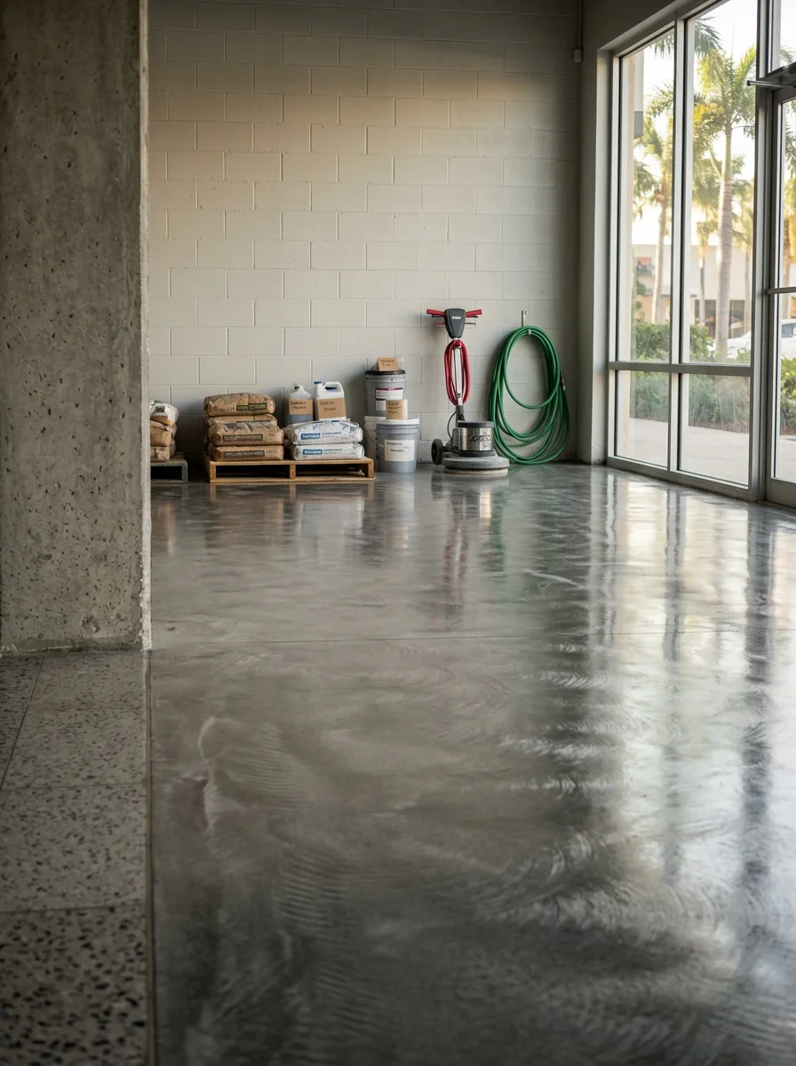 Polished concrete showroom floor in Delray Beach with a high-gloss finish