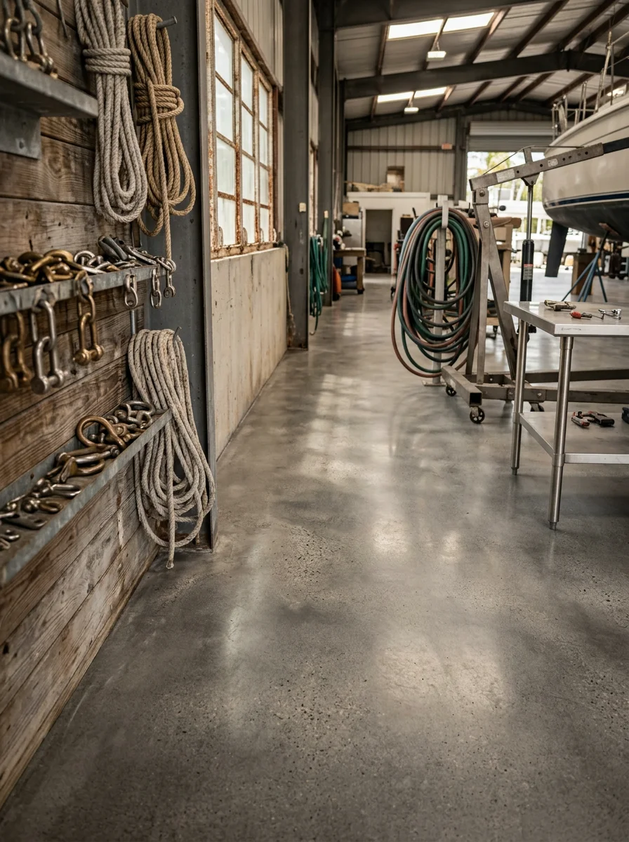 Concrete grind and seal floor in a Florida Keys marine service building, showing a smooth gray sealed surface in a commercial space with boat equipment visible along the walls.