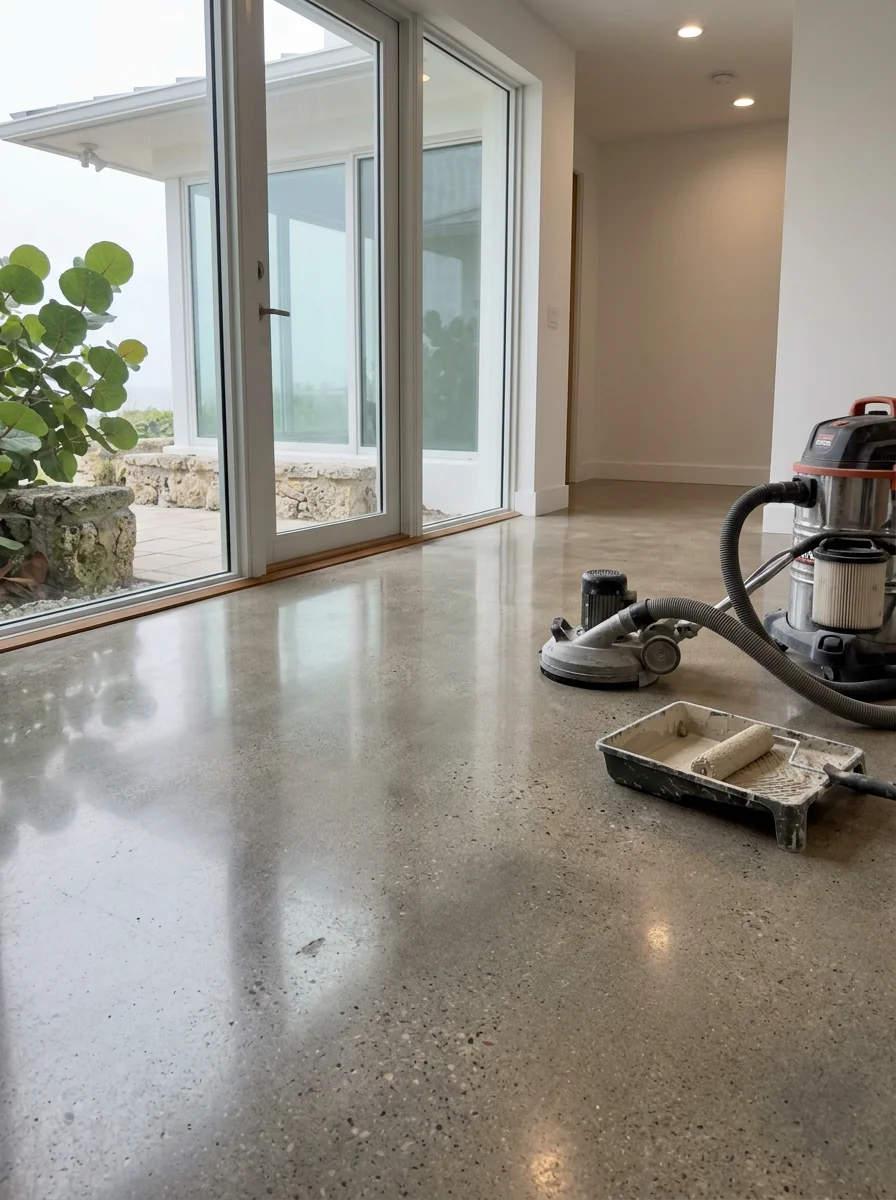 Polished concrete entry floor in a residence near the Intracoastal in Gulf Stream, Florida