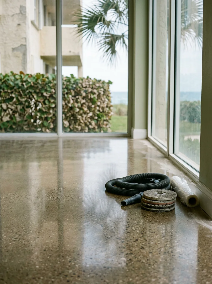Polished concrete condo lobby floor on a Highland Beach barrier island property