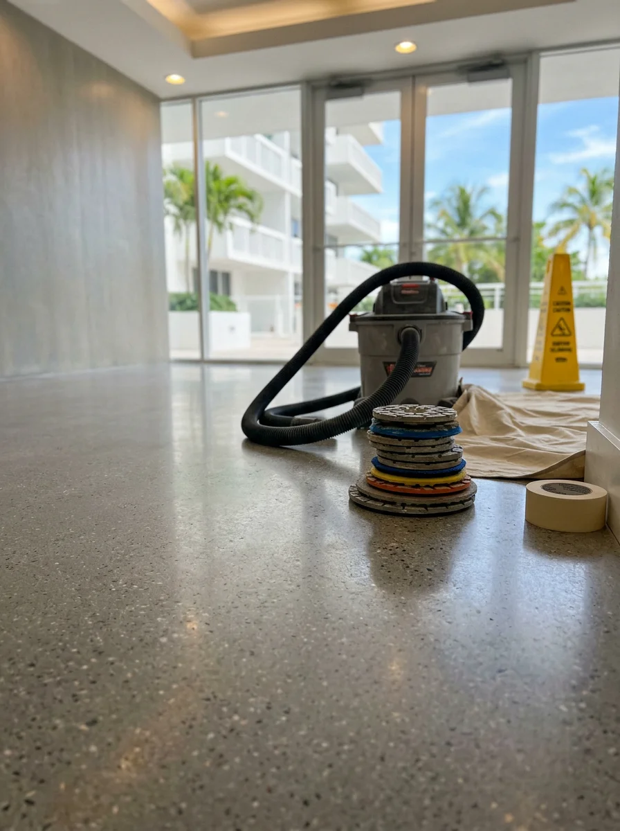 Polished concrete floor being ground and finished in a Key Biscayne condo lobby