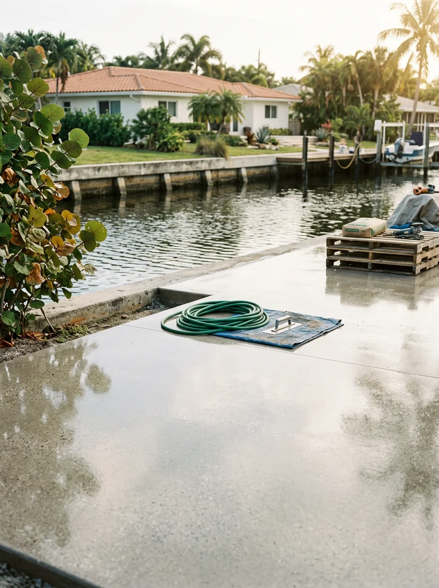 Polished concrete patio beside a canal in Lighthouse Point, Florida