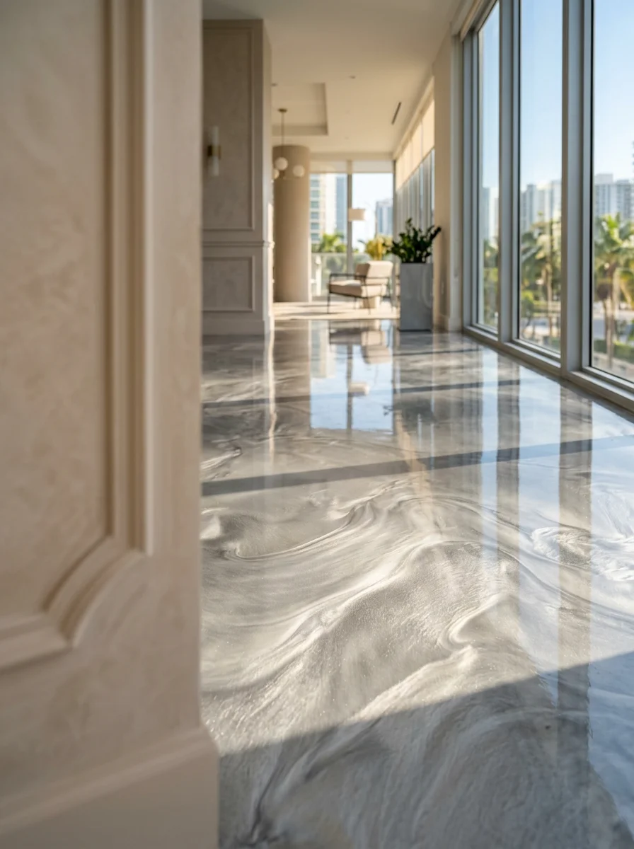 Metallic epoxy floor in a South Beach commercial interior with a silver and white swirl finish, showing a seamless surface in a modern open-plan space with large windows.