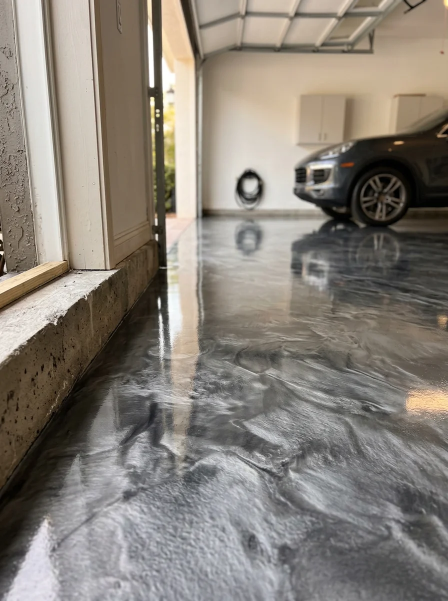 Metallic epoxy floor in a Miami residential garage with a silver and charcoal swirl pattern, clean white walls, and a parked vehicle visible in the background.
