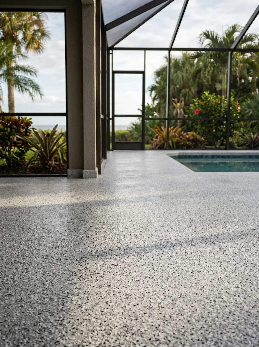 Flake epoxy pool deck in Naples with a light gray chip broadcast pattern, showing a sealed surface next to a screened lanai and Gulf-facing outdoor space.