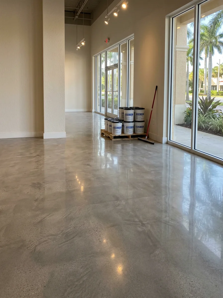 Polished concrete showroom floor with high-gloss finish in Palm Beach County
