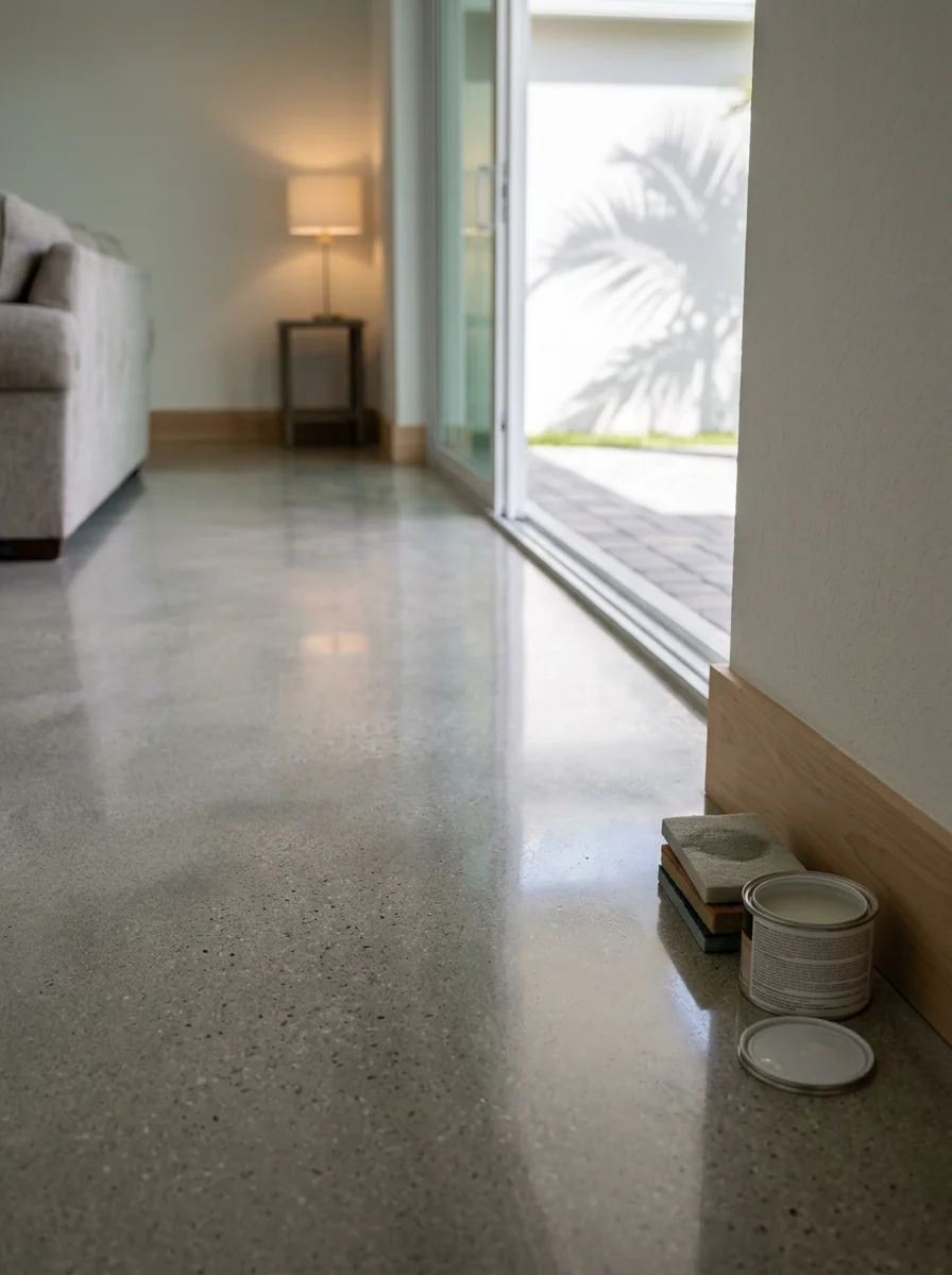 Polished concrete living room floor in a Parkland, FL residence