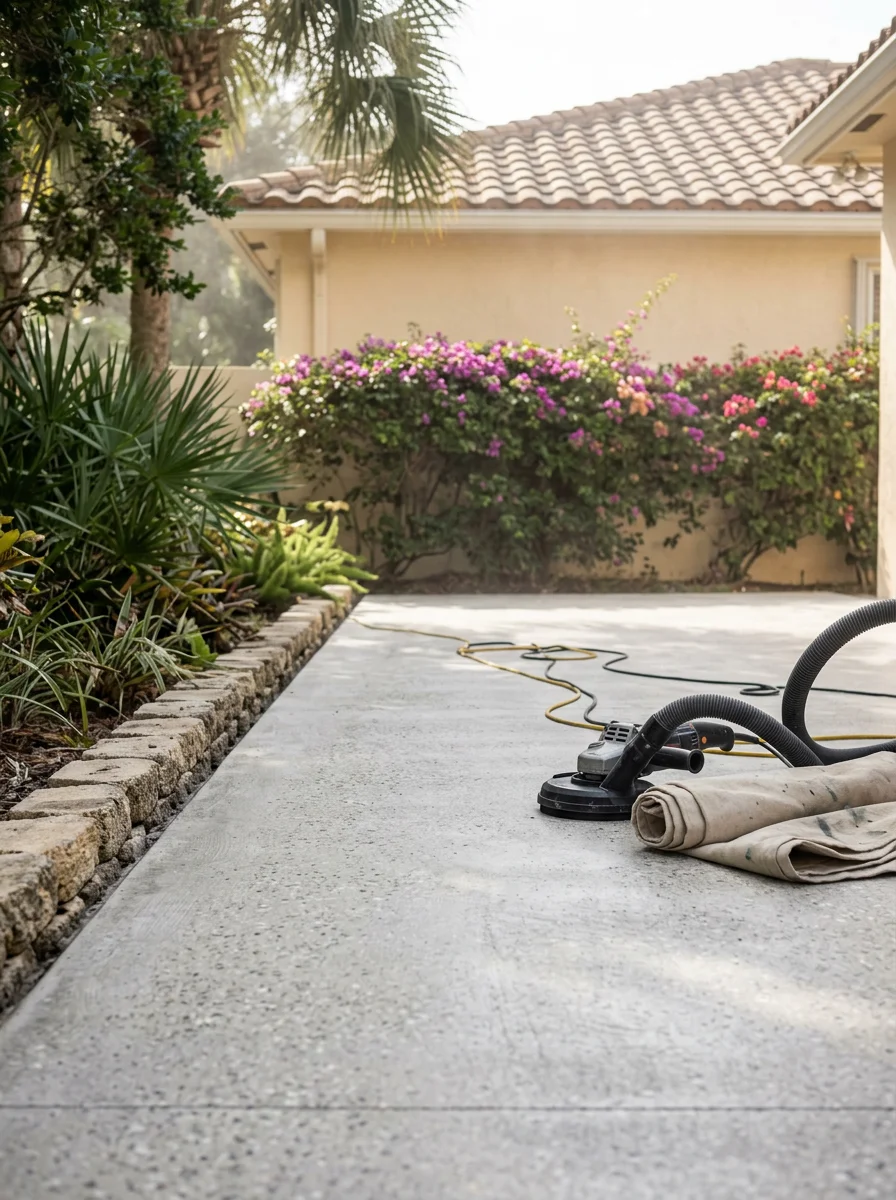 Ground-grinded concrete patio floor at a Pinecrest, FL home