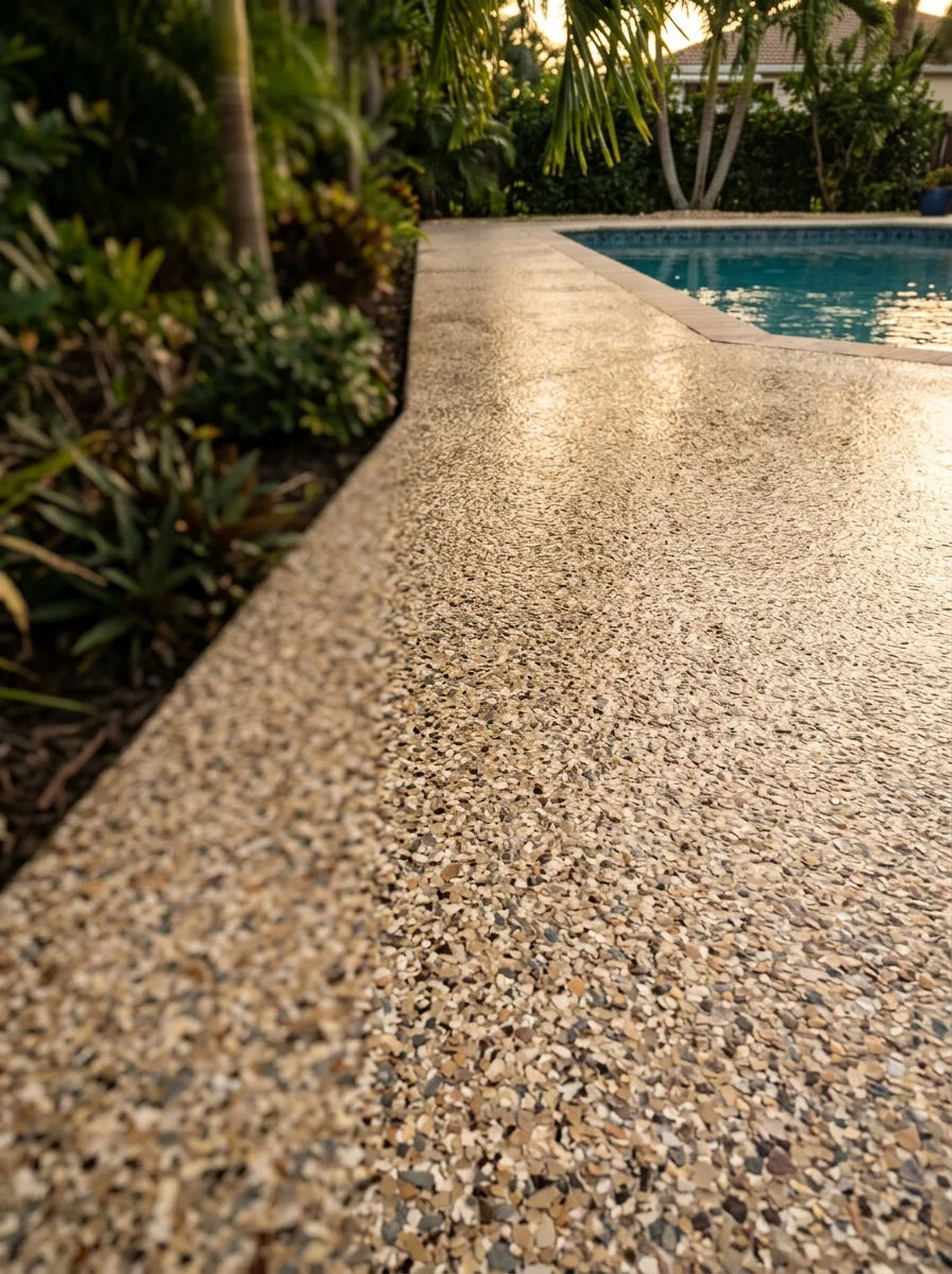 Close-up of a flake epoxy floor on a South Florida pool deck, showing the textured chip broadcast pattern and sealed surface next to a residential pool.