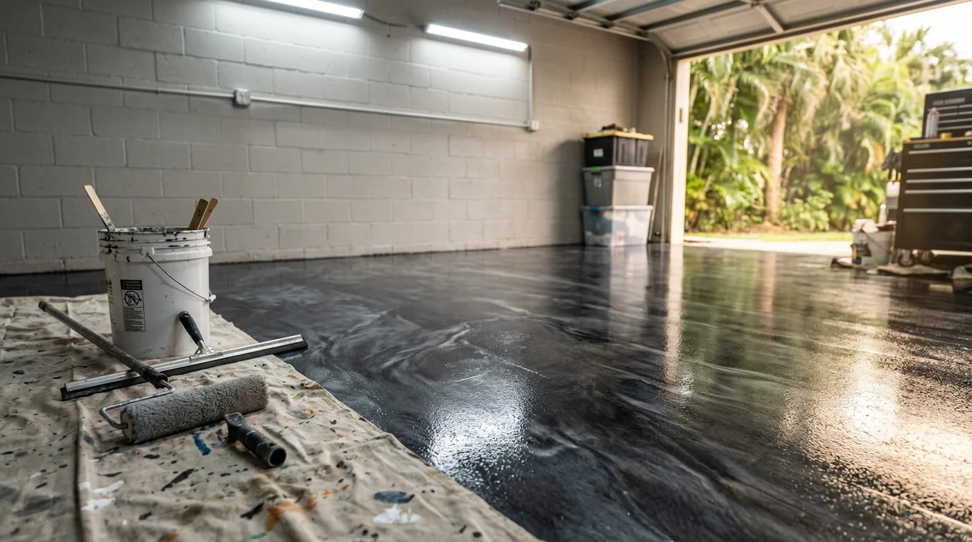 Metallic epoxy floor installed in a South Florida garage, showing a deep charcoal and silver swirl finish under bright overhead lighting with a clean, sealed surface.