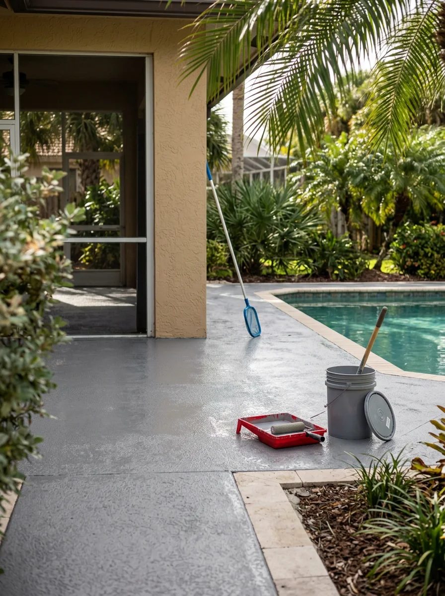 Sealed concrete patio beside a pool at a Southwest Ranches property