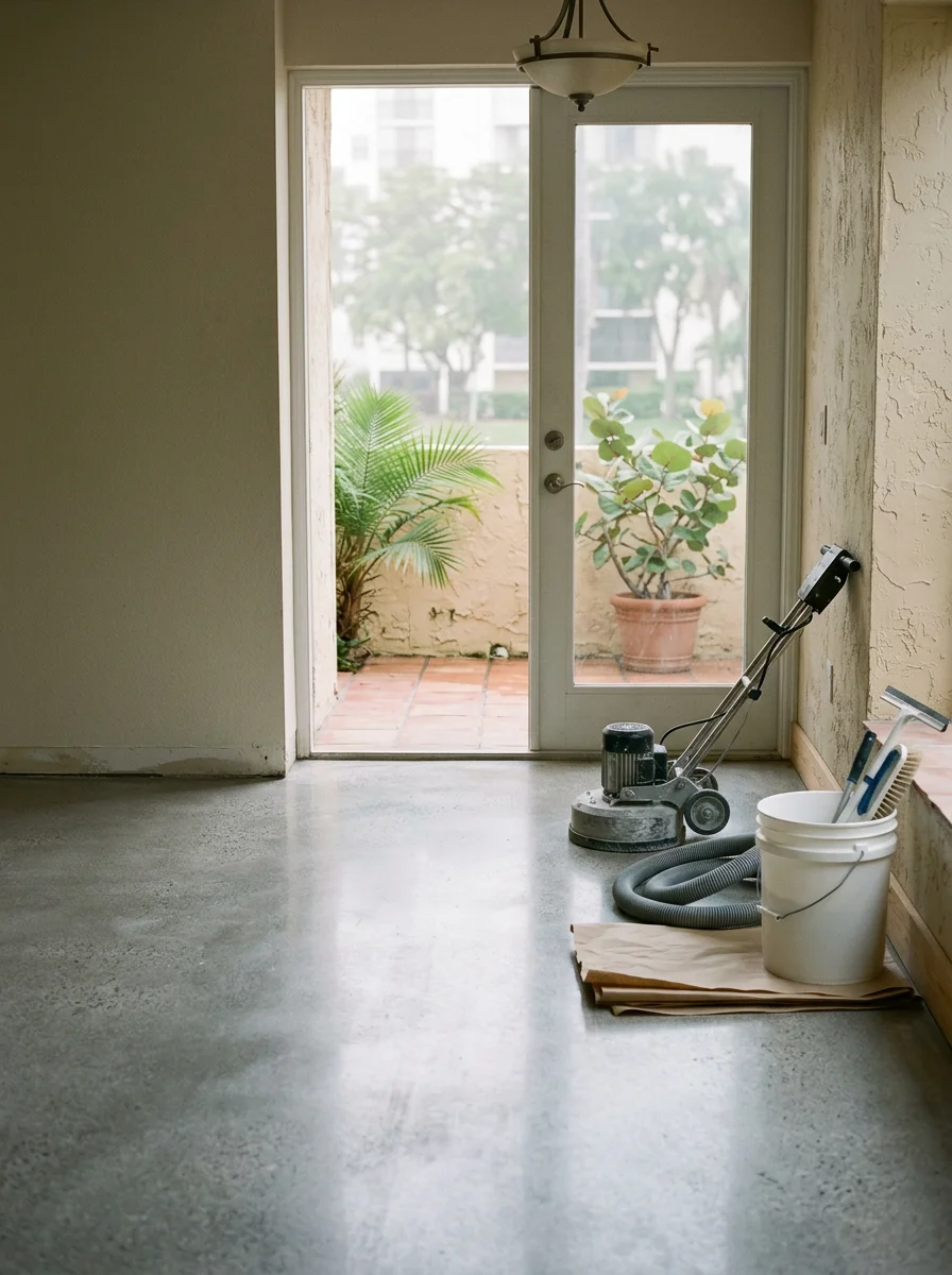Polished concrete floor finished in a Sunny Isles Beach residential entryway