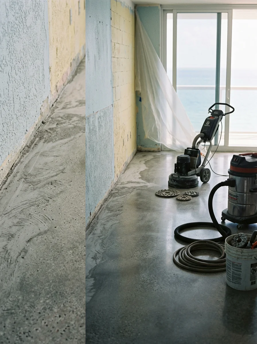 Concrete grinding and polishing work on a slab in a Surfside, Florida building