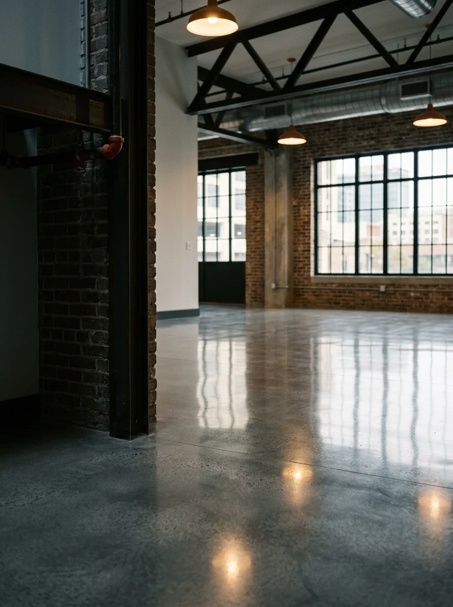 Polished concrete floor in a Tampa commercial space in the Water Street district, showing a high-gloss gray surface in a modern open-plan interior with exposed ceiling elements.