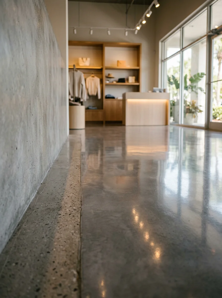 Polished concrete floor in a West Palm Beach commercial interior, showing a high-gloss gray surface reflecting overhead track lighting in a retail space.