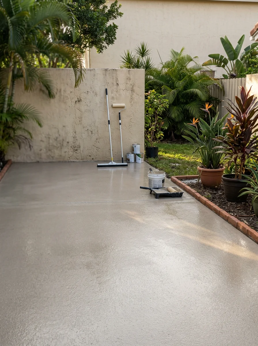 Ground and sealed concrete patio surface in a South Florida residential backyard