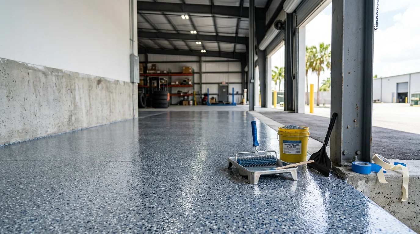Freshly coated commercial concrete floor inside a South Florida business facility, showing a smooth, high-gloss surface under bright overhead lighting. The sealed floor reflects the interior space cleanly, with no stains or surface cracks visible on the finished slab.