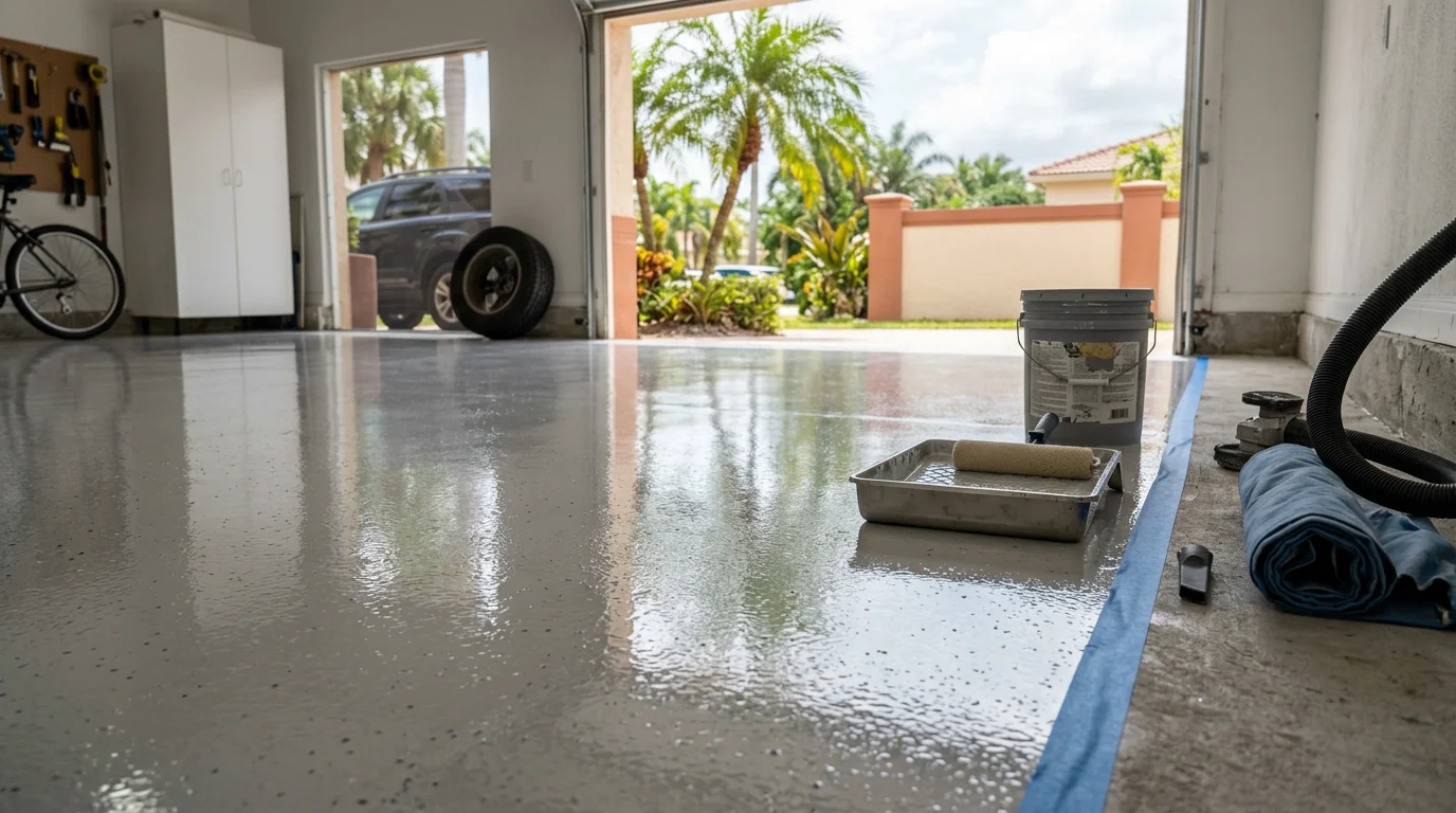 Finished concrete epoxy floor in a South Florida garage showing a smooth, glossy, sealed surface with a clean, uniform color. The floor reflects overhead lighting and shows no staining, cracking, or bare concrete.