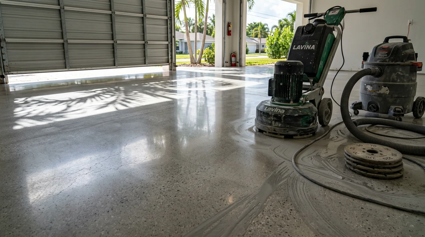 A polished concrete floor inside a South Florida commercial space, showing a smooth, light-reflective surface with a clean satin finish. The floor runs across an open interior with bright natural light bouncing off the refined concrete surface.