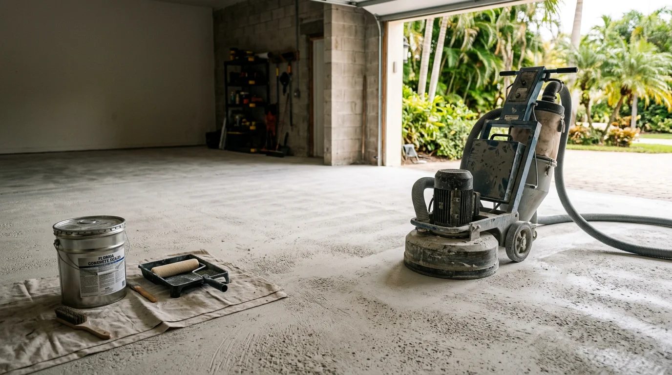 A freshly ground and sealed concrete pool deck in South Florida, showing a smooth, even surface with a clean finish. The sealed slab reflects natural light and shows no staining or surface wear.