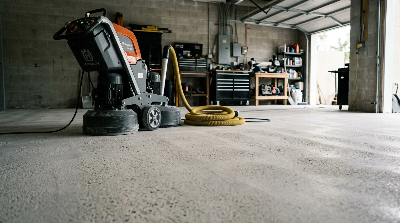A concrete floor mid-grinding in a South Florida garage, showing the transition from a sealed, discolored surface to a freshly profiled slab ready for coating. Diamond grinding equipment sits on the prepared concrete with visible surface texture.