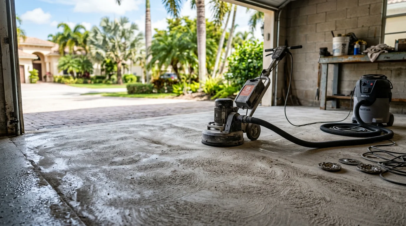 A concrete floor in a South Florida garage being ground with diamond-tipped equipment, showing the transition from a rough, coated surface to a clean, smooth concrete profile ready for a new finish.