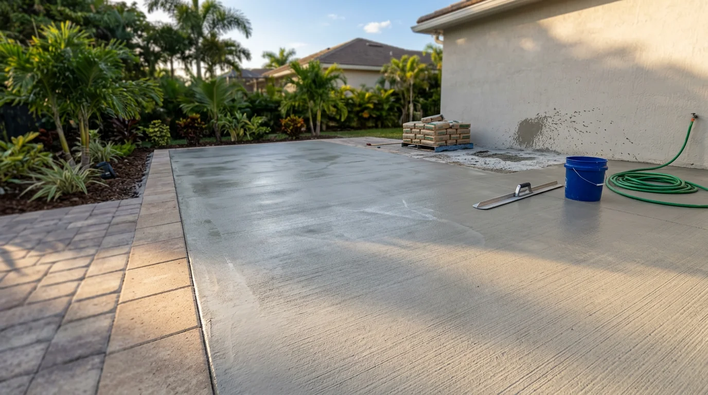 Freshly installed concrete patio floor at a South Florida residential property, showing a smooth, finished surface ready for outdoor furniture and everyday use. The patio extends from the back of the home with clean edges and an even finish suited to the region's outdoor living style.