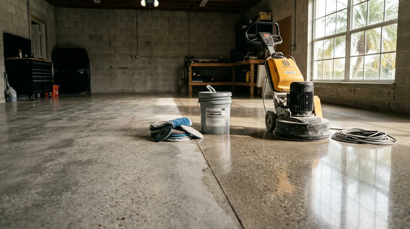 A freshly polished concrete floor inside a South Florida commercial space, showing a smooth, light-reflecting surface with a consistent sheen. The open interior highlights the clean finish typical of professional concrete polishing work in the Miami and West Palm Beach area.