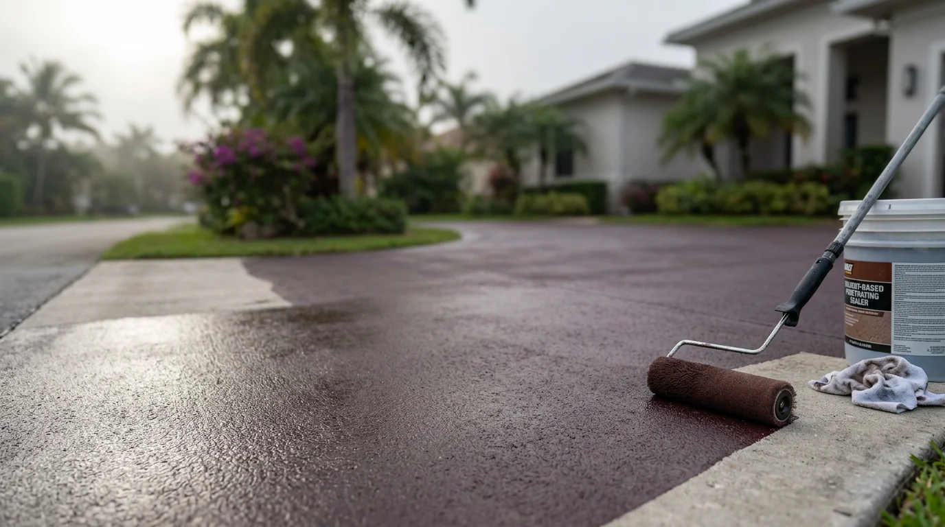 A freshly sealed concrete pool deck at a South Florida residential property, showing a clean, even surface with a protective finish applied around the pool edge. The surrounding area reflects the bright South Florida sunlight with no visible staining or surface deterioration.