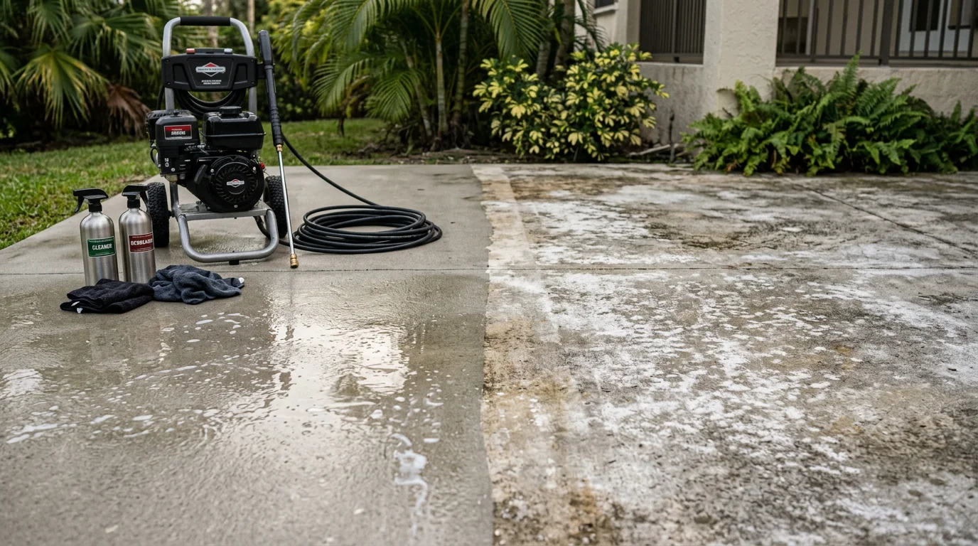 A concrete pool deck in South Florida showing a clean, evenly toned surface after professional stain removal, with no rust streaks, efflorescence, or algae discoloration visible. The surrounding area reflects a residential outdoor space typical of the Miami and Naples region.