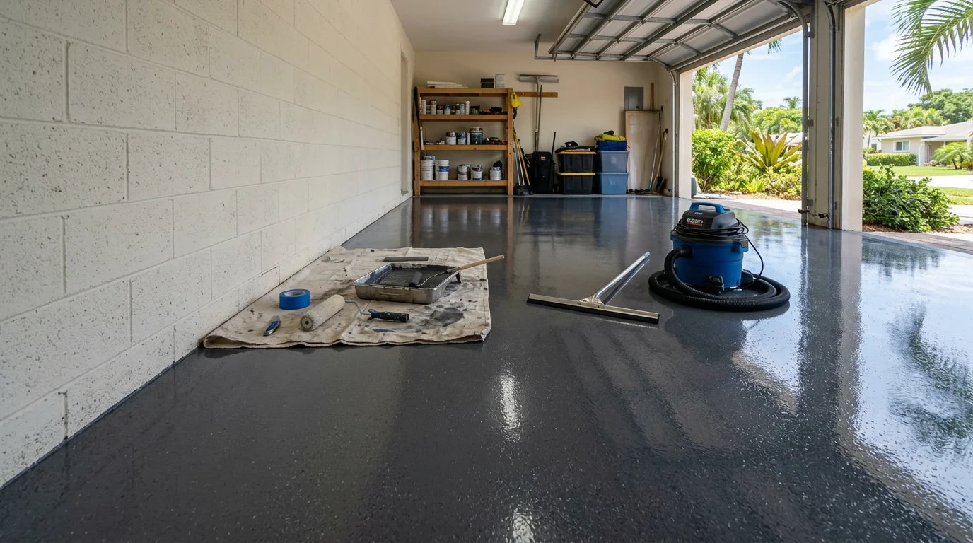 Freshly coated epoxy garage floor in a South Florida home, showing a smooth, high-gloss surface with uniform color and clean edges. The bright finish reflects overhead lighting, contrasting with the uncoated concrete visible at the doorway threshold.