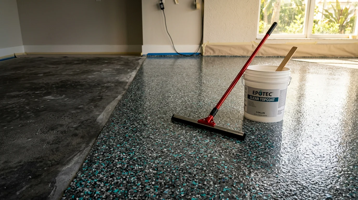Finished flake epoxy garage floor in a South Florida home showing a smooth, multi-color vinyl chip surface with a glossy clear topcoat. The seamless coating covers the full concrete slab from wall to wall, with natural light reflecting off the sealed finish.