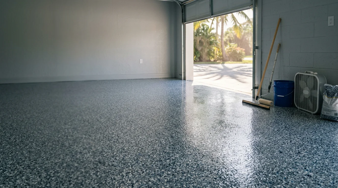 Finished flake epoxy garage floor in a South Florida home, showing a multi-tone vinyl chip surface sealed with a glossy clear topcoat. The seamless floor covers the full concrete slab from wall to wall with no visible seams or bare concrete.