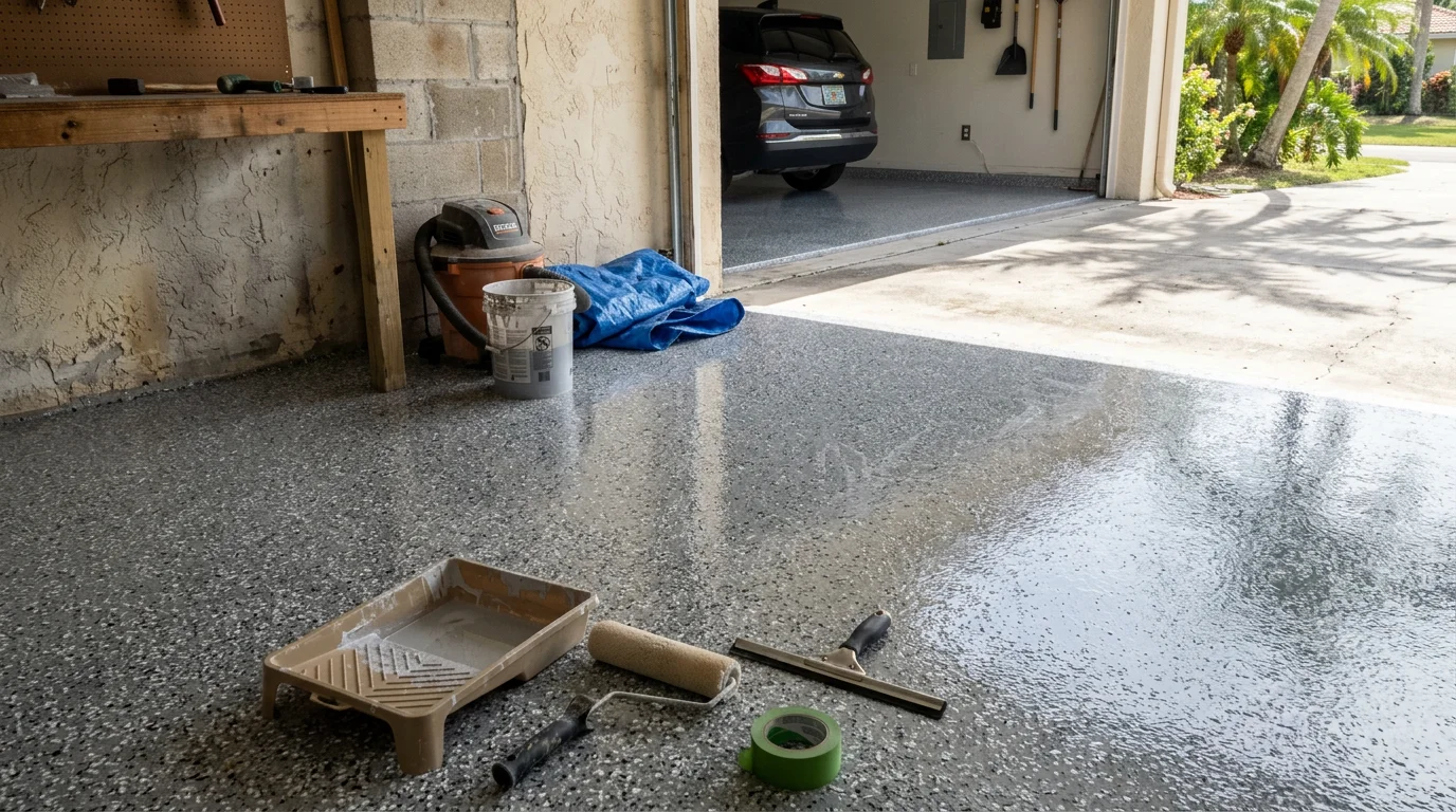 A freshly epoxy-coated garage floor in a South Florida home, showing a smooth, glossy surface with a clean finish on a concrete slab. The sealed floor reflects overhead light in a residential garage typical of the Miami and West Palm Beach area.