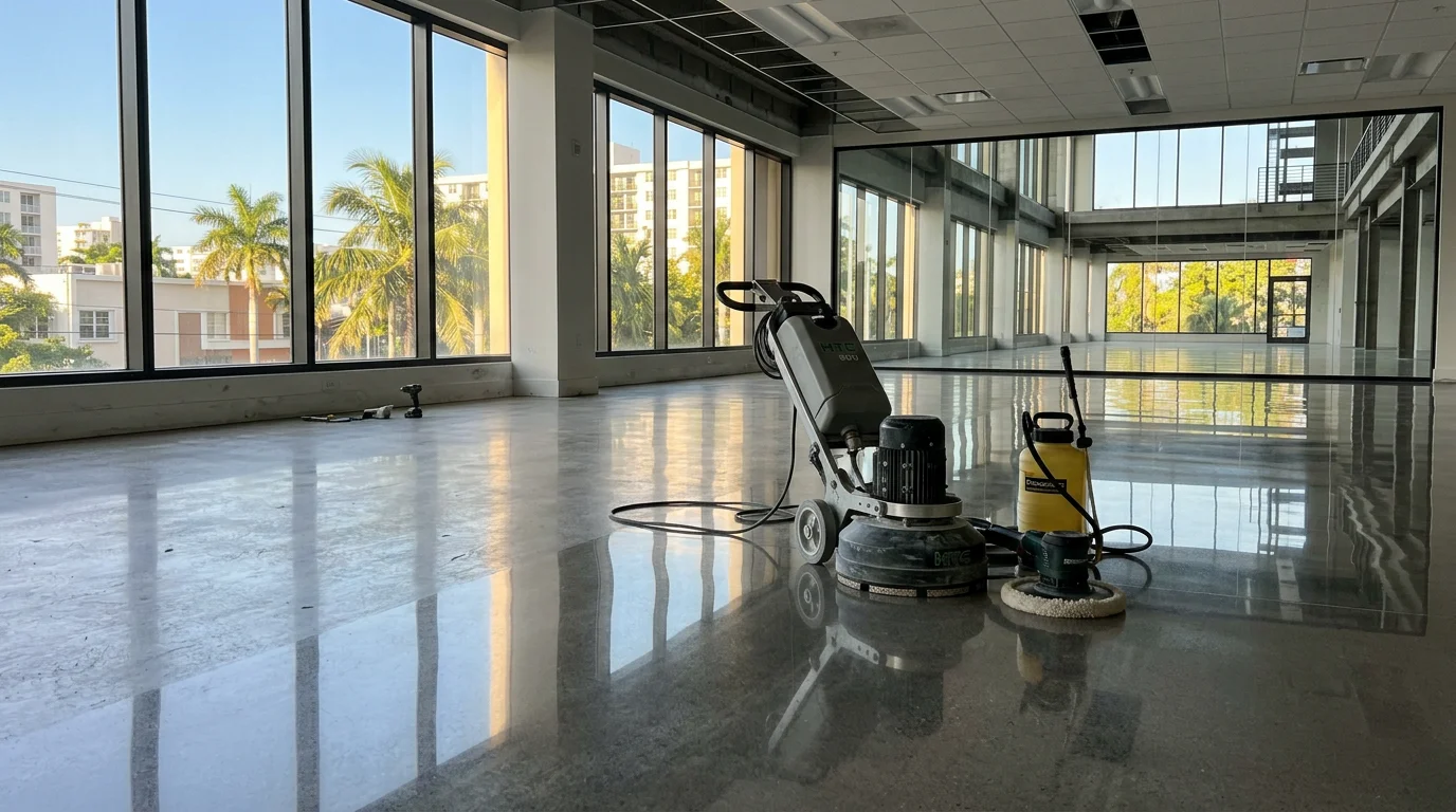 A high-gloss concrete floor inside a South Florida home showing a smooth, mirror-like surface reflecting natural light. The finished slab runs through an open interior space typical of Miami or West Palm Beach residential properties.