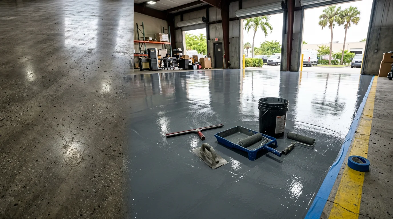 Freshly installed industrial epoxy floor coating inside a South Florida commercial warehouse, showing a smooth, seamless gray surface with high-gloss finish under bright facility lighting. The floor is clear of debris and ready for forklift and heavy equipment traffic.