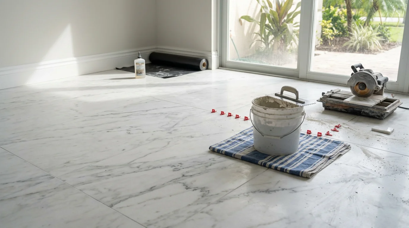 Polished marble floor installation in a South Florida home, showing smooth stone with natural veining across a bright open living area. Work completed by Resin Coat Pro LLC serving Miami, Naples, and surrounding South Florida communities.