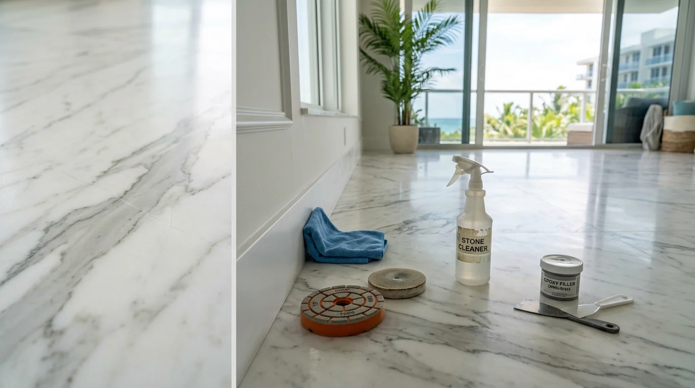 Repaired marble floor in a South Florida home showing smooth, even stone surface with no visible chips or cracks. Close-up view highlights restored finish against the warm natural light common in Miami and Naples interiors.