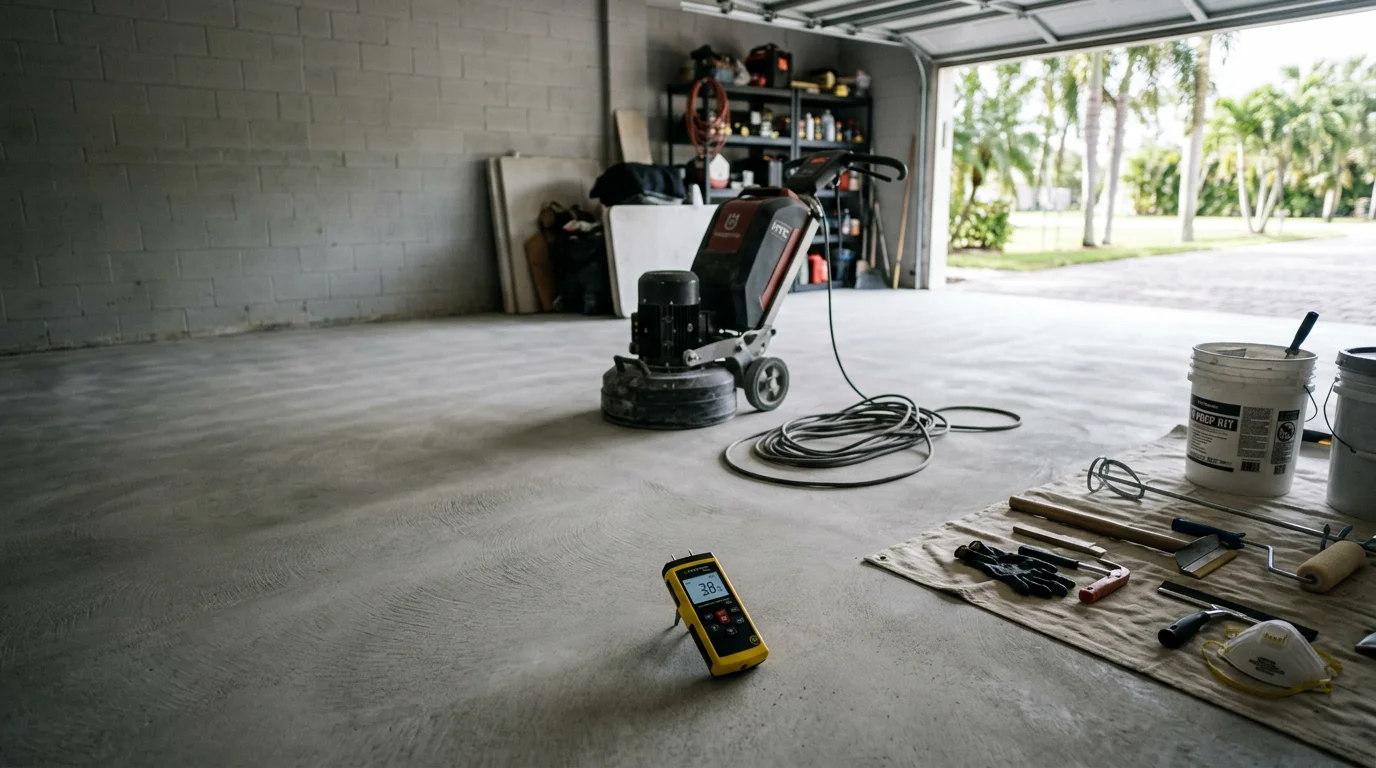 A high-gloss metallic epoxy floor with deep swirling pigment patterns installed in a South Florida garage. The reflective surface shows flowing tones across a freshly coated concrete slab.