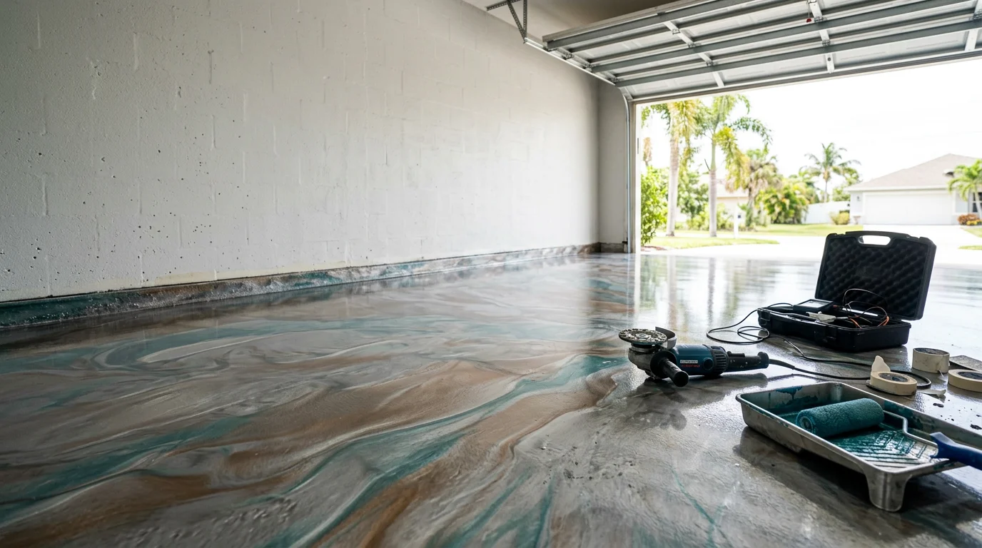 A high-gloss metallic epoxy floor with swirling silver and charcoal patterns installed in a residential garage in South Florida. The seamless surface reflects overhead lighting and covers the full concrete slab from wall to wall.