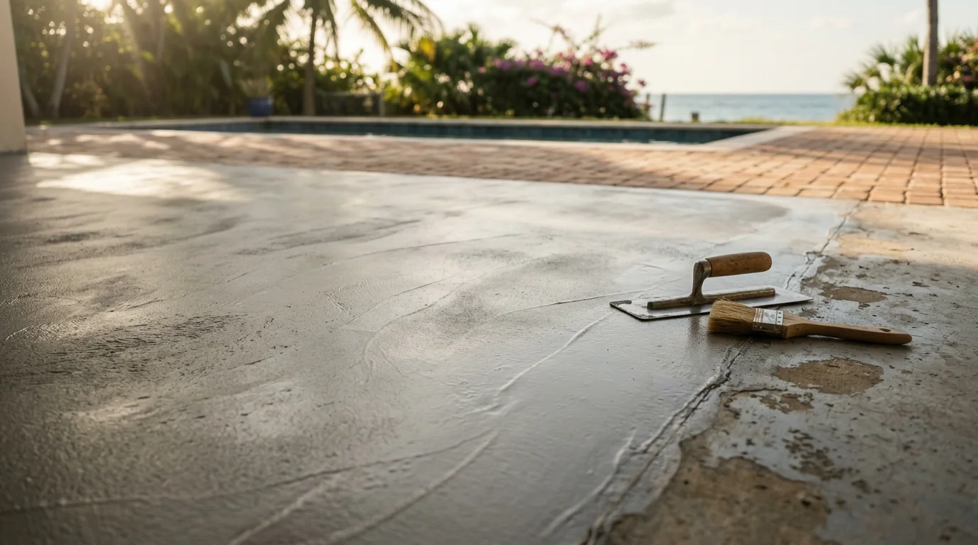 Smooth, seamless micro cement floor installed in a South Florida home interior, showing a light gray continuous surface with no grout lines. The finished floor extends from the living area toward a bright, open space typical of coastal Florida properties.